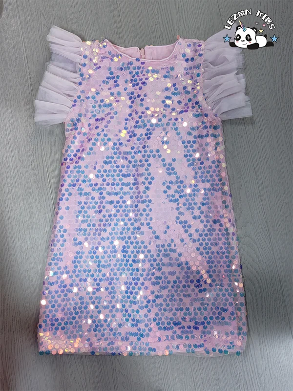 LEZONKIDS - Hot Pink Ruffle Tulle Sleeves Dress Girls Performance Festival Costume Sequin Dresses